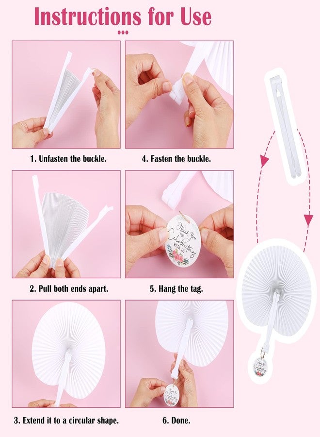 MCEAST 100 Pack White Folding Handheld Paper Fans with Tags, Round Shaped Wedding Paper Fans with Plastic Handle for Wedding Favor Celebration Birthday Party Bag Fillers - Image 5